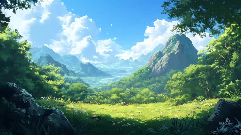 Sunlit meadow cradles misty mountains in painted stillness