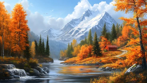 Mountain river and autumn forest with red cabin landscape.