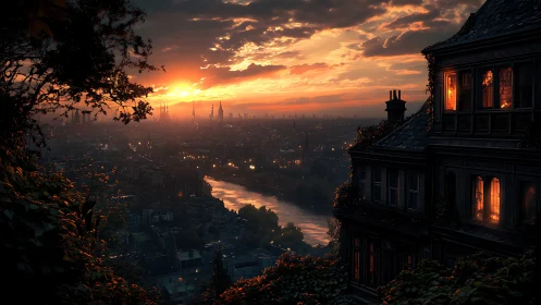 Elevated riverside cityscape at dusk with glowing manor windows