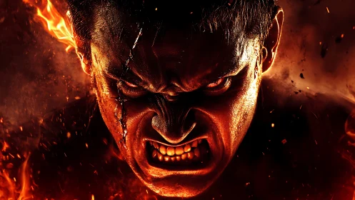 Incandescent enraged male face engulfed in eruptive flames