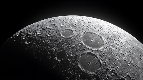 Lunar surface close-up shows cratered terminator in stark light