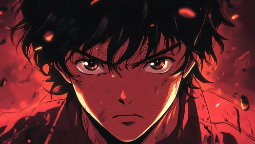 Intense anime boy stares forward amid glowing red embers