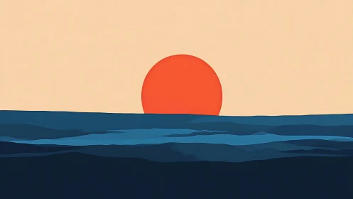 Minimalist ocean horizon with flat-shaded geometric sunset disk