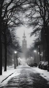 Snowy city street leading toward a quiet winter church.