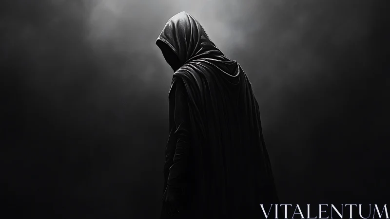 Hooded figure stands in profile against dark smoky background