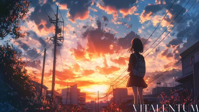 Schoolgirl observing vivid urban sunset sky in silhouette.
