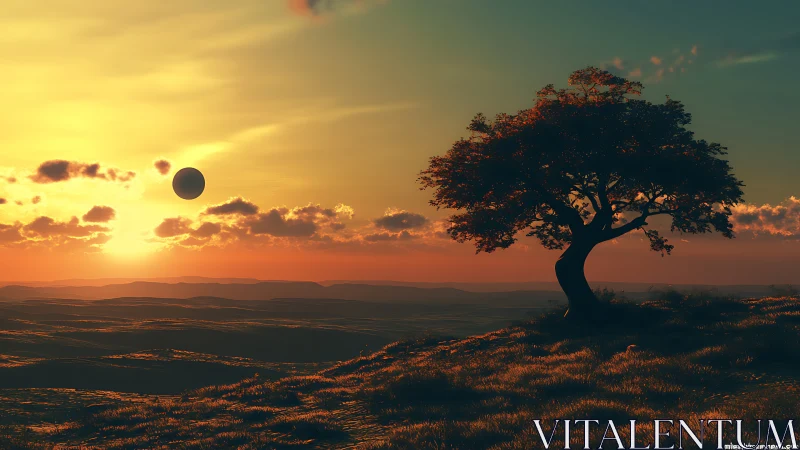 Backlit lone tree silhouettes against volumetric sunset sphere