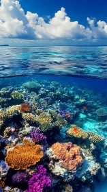 Coral reef landscape beneath calm tropical ocean surface.