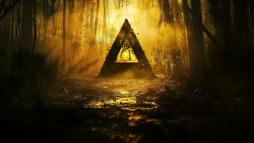 Triangular Structure in Golden-Lit Forest Tunnel.