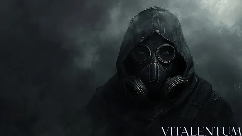 Hooded gas-mask drifter stalking the stormlit wasteland.
