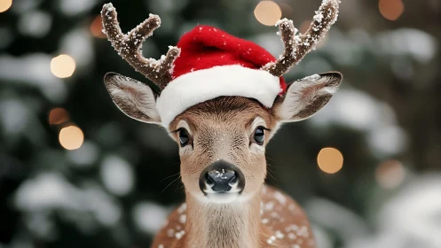 Young reindeer in Santa hat stands against festive bokeh