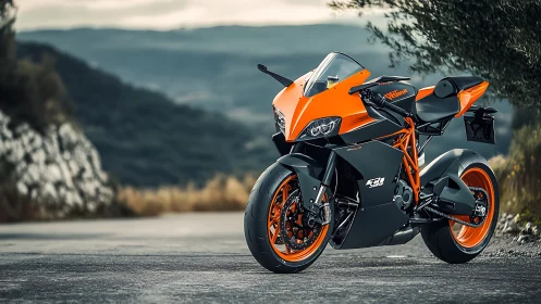 Sunlit mountain twisties with a bold orange sport bike.