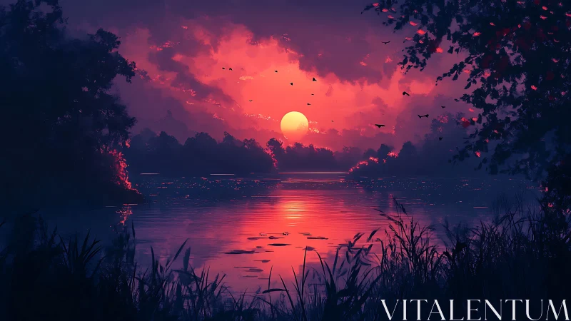 Gentle sunset rests over a tranquil forest lakeside glow