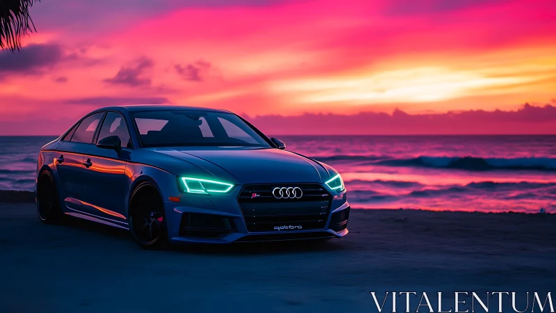 Sport sedan parked on beach shore at vivid ocean sunset