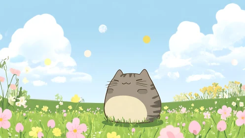 Chubby gray cat soaking up sunshine in a breezy meadow.