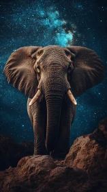 Majestic elephant stands beneath a glowing galactic sky.