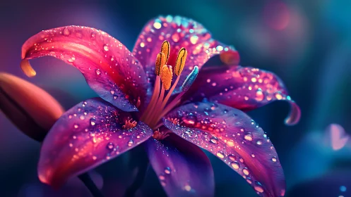 Spectral Lily with Prismatic Water Droplets: Volumetric Lighting and Chromatic Rendering