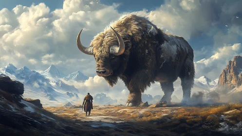 Wanderer confronts colossal horned beast in icy highlands.