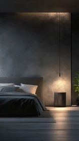 Minimalist dark bedroom uses warm accent lighting and texture