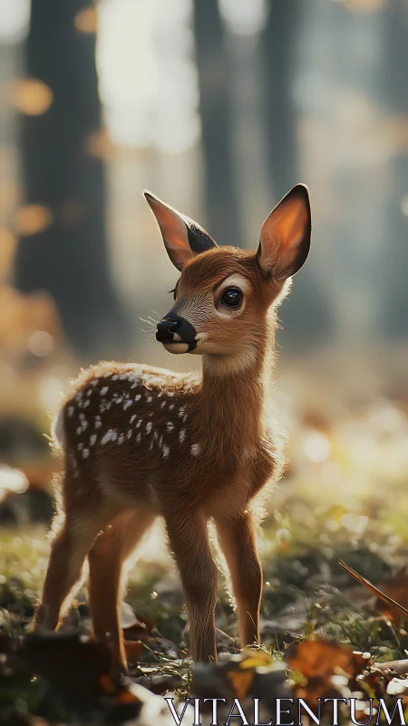 Backlit fawn stands in shallow depth-of-field autumn forest scene