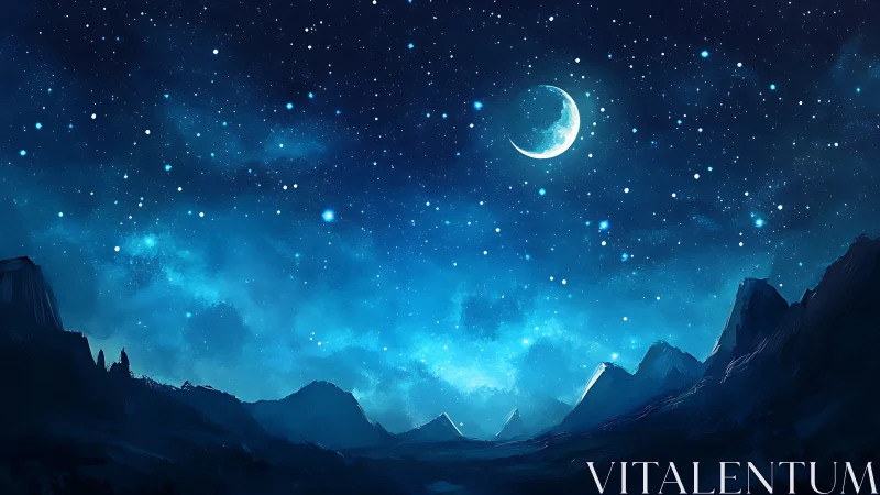 Crescent moon above stylized mountains under dense blue starfield