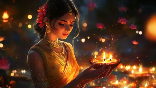 Digital rendering of woman holding diya with complex warm lighting