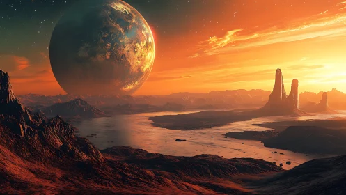 Molten exoplanet rises over crimson alien canyon sea.