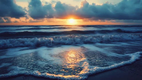 Low-angle ocean shoreline at sunset with reflective wave crests