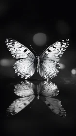 Monochrome butterfly macro with specular water reflection symmetry.
