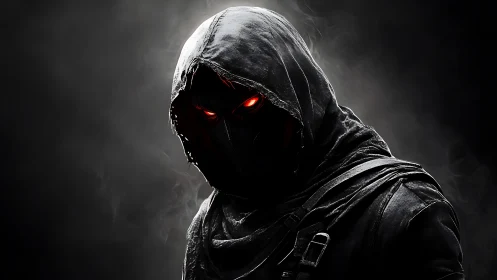 Hooded shadow figure glares with glowing red eyes in smoke.