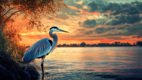 Heron stands in shallow lakeside water during sunset