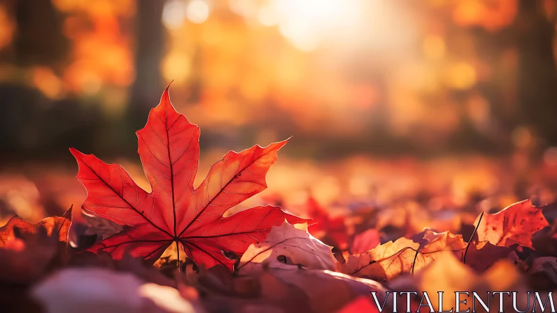 Sunlit maple leaf crowns a glowing carpet of autumn fire.