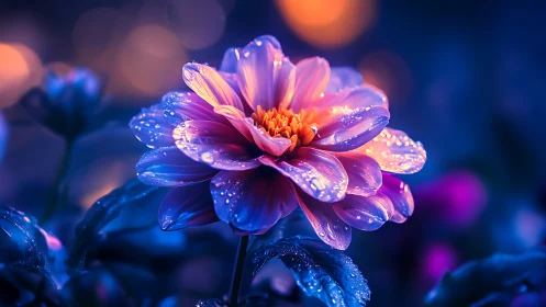 Macro dahlia close-up reveals dew-coated petals under neon bokeh