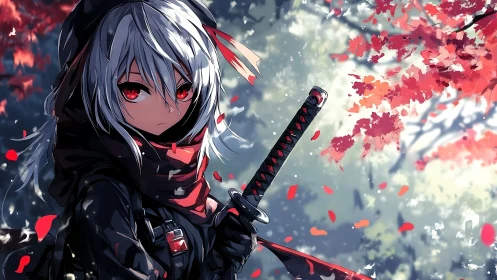 Crimson eyed swordswoman pauses under drifting autumn leaves