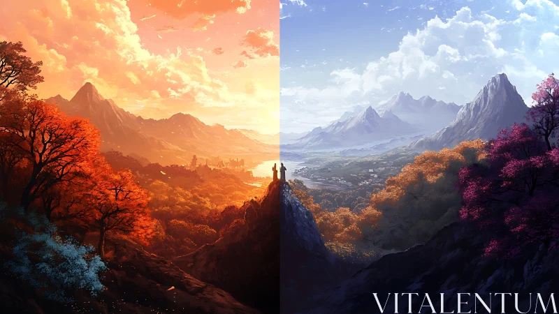 Dual-season fantasy valley split by warm and cool light.