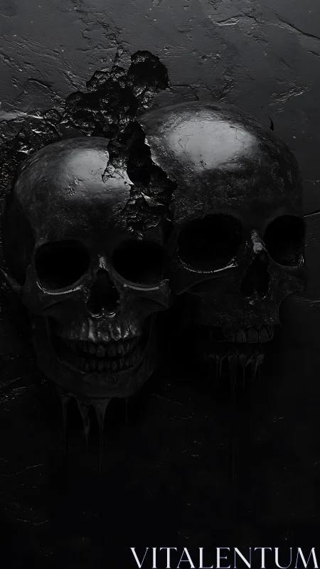 Two dark skulls emerge from textured black surface