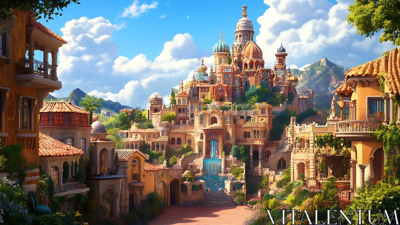 Sunlit hillside fantasy city with ornate domed palace.