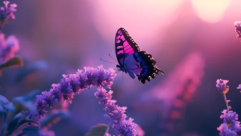 Twilight butterfly rehearses its glow on lilac blossoms