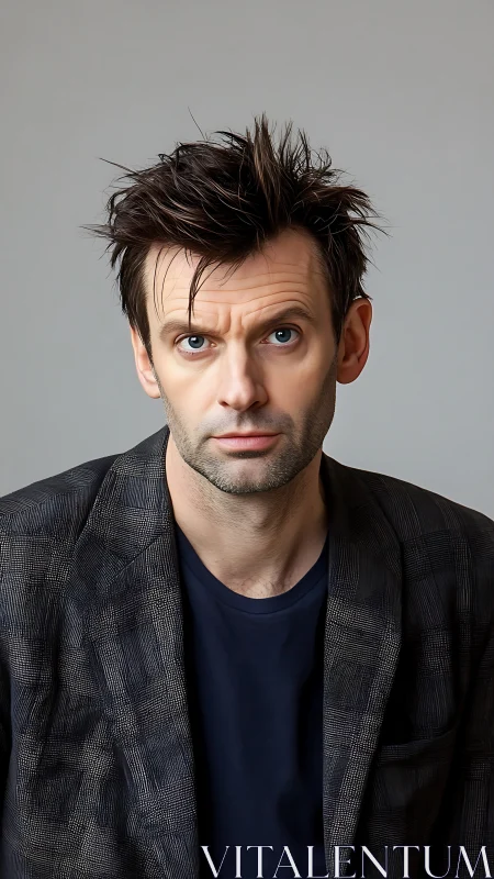 Man with spiked hair stares directly at camera indoors