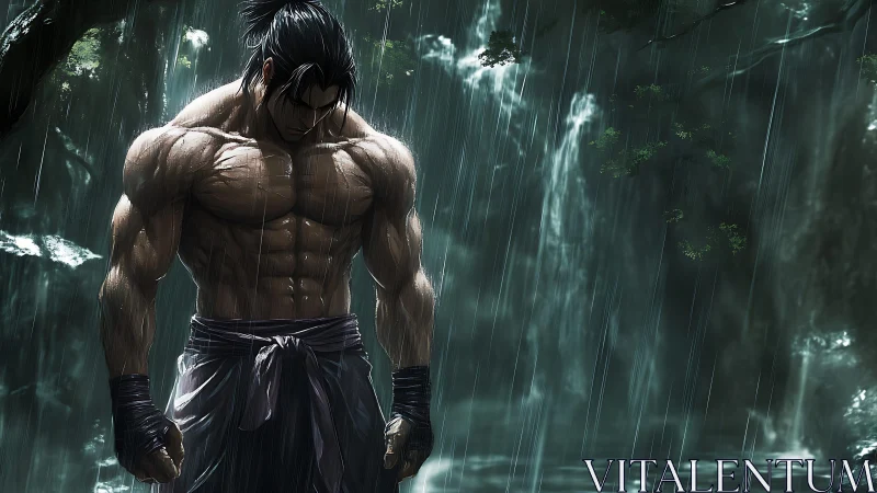 Brooding warrior under stormlit jungle waterfall.