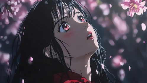 Anime girl under soft bokeh sakura light, upward gaze focus.