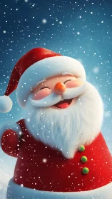 Joyful cartoon Santa laughs under softly falling snow