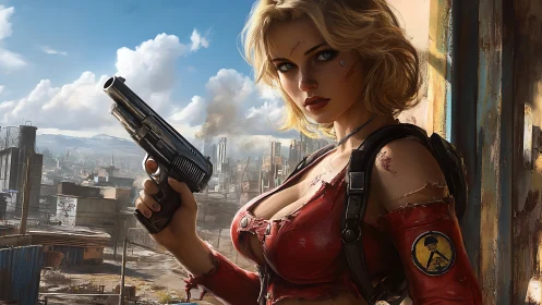 Armed blonde mercenary overlooking postwar industrial ruins
