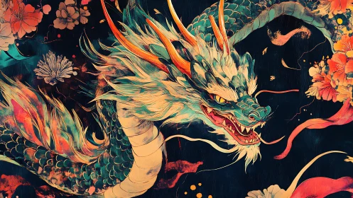 Vibrant oriental dragon swirling through floral night sky.