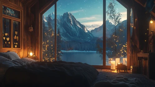 Cozy alpine cabin bedroom overlooking starlit winter lake.