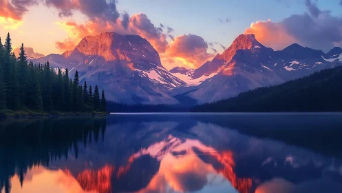 Mountain lake landscape with conifer forest reflection.