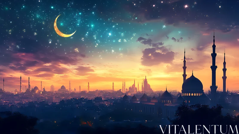 Digital painting of crescent moon above luminous mosque skyline.