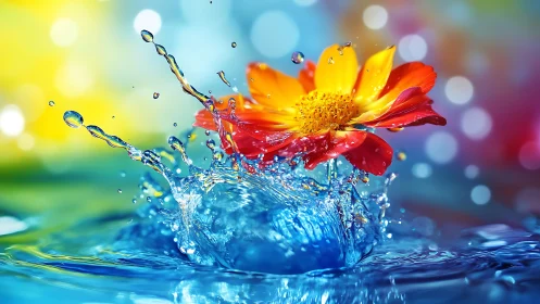 Vibrant red-yellow flower bursts through shimmering water splash