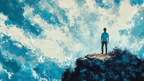 Solitary figure standing on cliff beneath expansive sky.