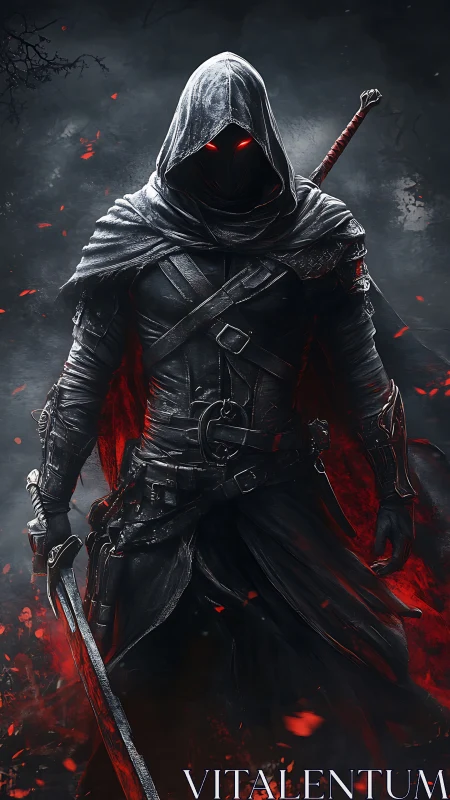 Hooded dark knight with glowing eyes in cinematic backlight